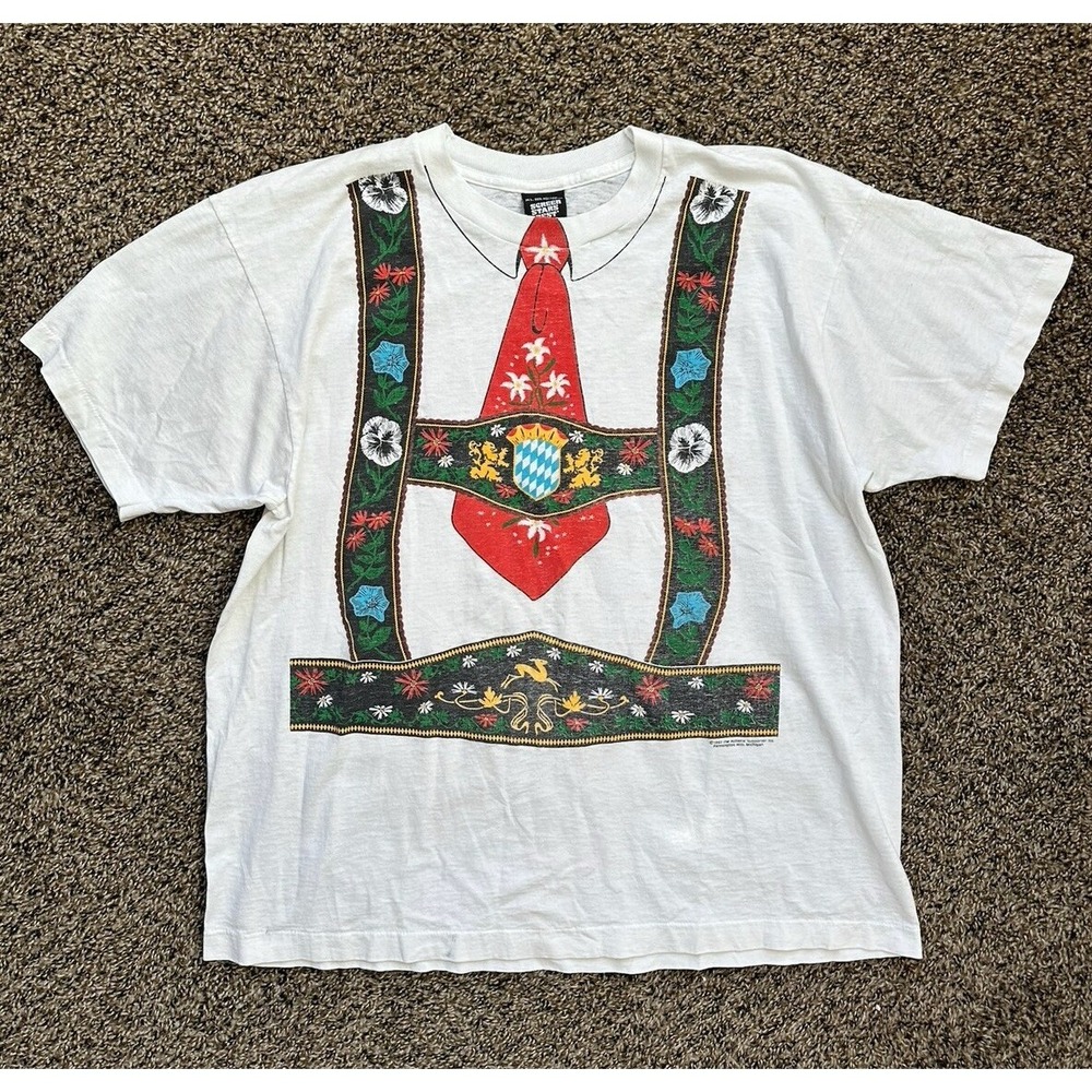 Screen Stars Best T-Shirt White Single Stitch Bavarian Lederhosen / Mens XL
